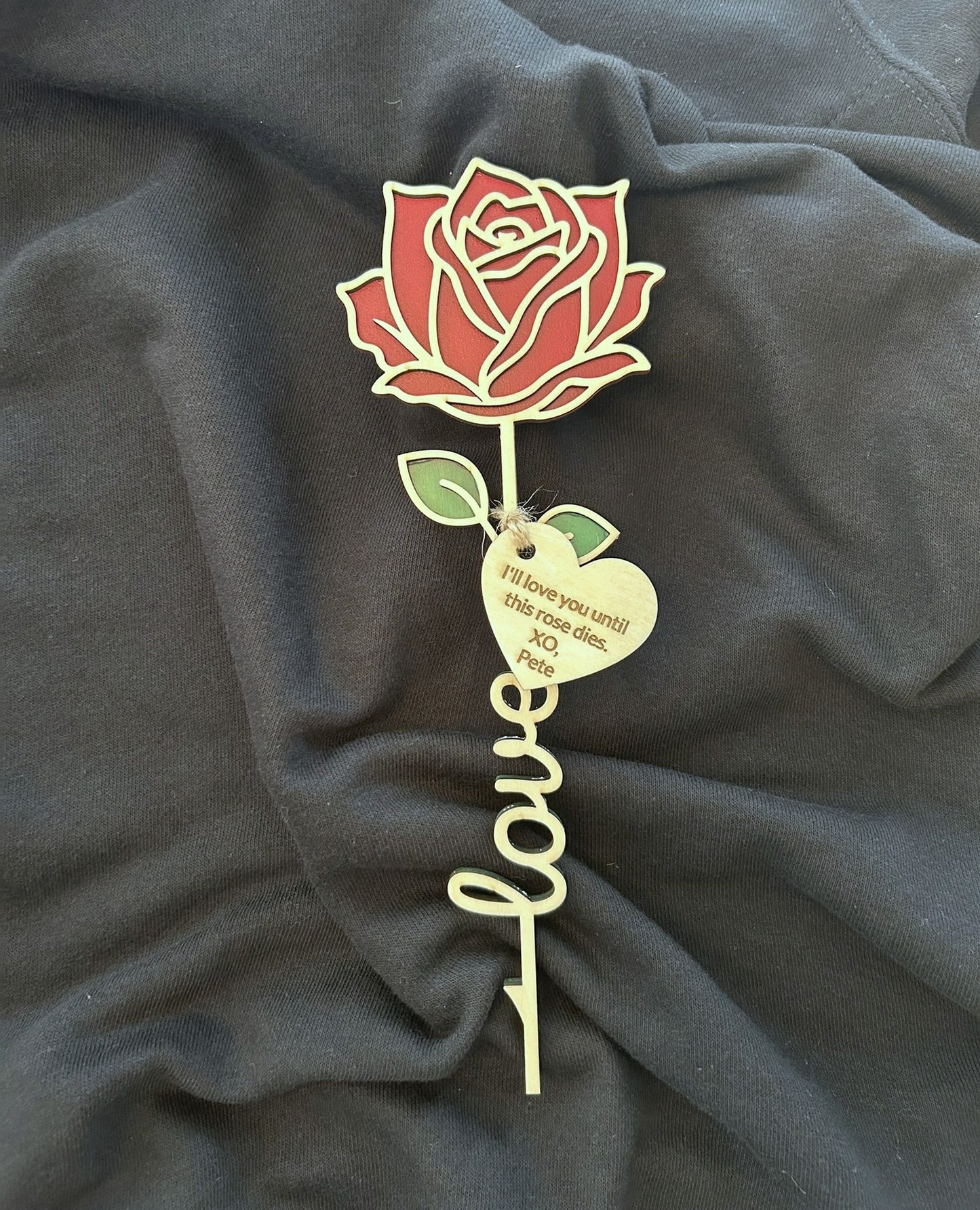 Wooden Rose With Personalized Message Tag